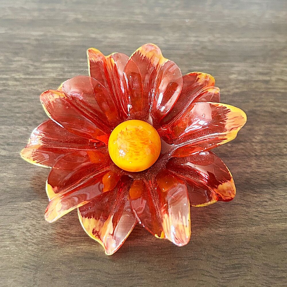 Vintage 1970s Womens Brooch Translucent Plastic Orange Flower